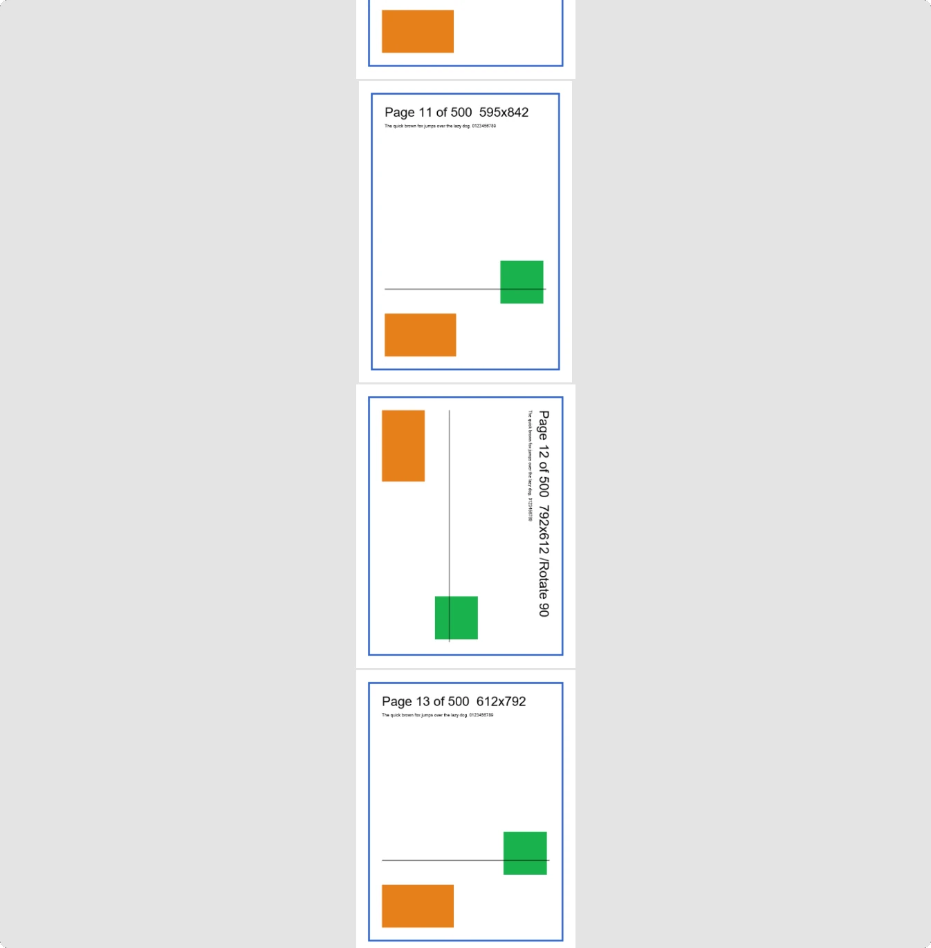 Minimal PDF zoomed out on a 500-page test file, showing pages 11 to 13 in one column, including a page rotated 90 degrees