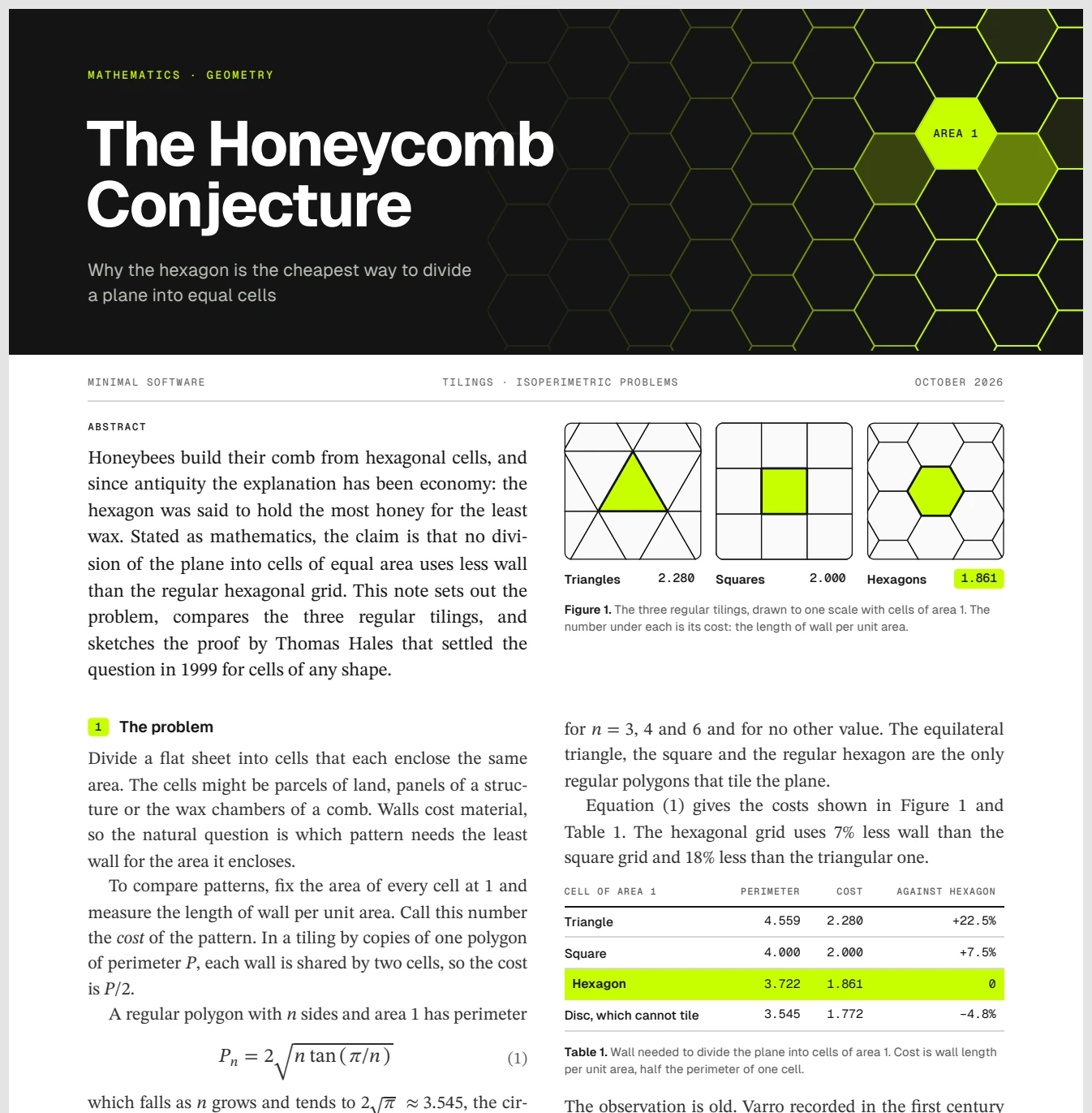 Minimal PDF showing a paper on the honeycomb conjecture at fit width, with no title bar, toolbar, menu or scrollbar around the page